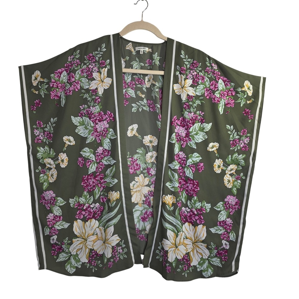 MAX STUDIO Floral‎ Kimono Cardigan Olive Green White Pink Yellow Size L Flowy